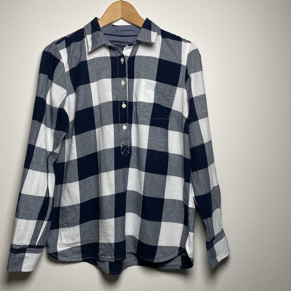 Tommy Hilfiger Womens M Black Buffalo Plaid Shirt Preppy Classic Cotton